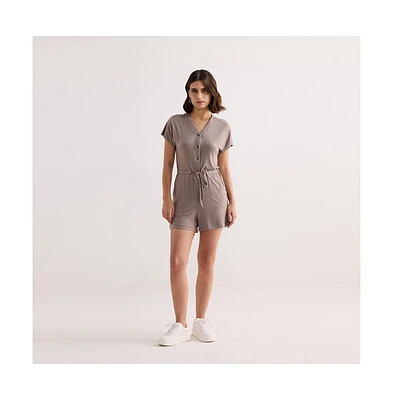 V neck Drawstring Knit Romper Dusty Brown