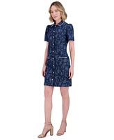 Eliza J Petite Floral Print Puff-Sleeve Denim Shirt Dress