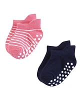 Hudson Baby Girls Non-Skid No-Show Socks, Pink Navy Stripe