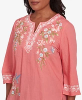 Alfred Dunner Women's Free Spirit Bohemian Floral Embroidered Flutter Sleeve Top