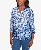 Alfred Dunner Women's Free Spirit Ikat Patched Geometric Top