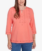 Alfred Dunner Women's Free Spirit Solid Cut Out Beaded Split Neck Top