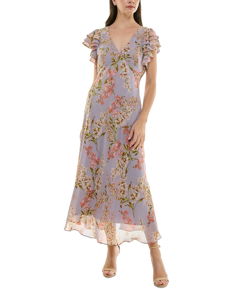 Taylor Petite Floral Print Flutter-Sleeve Midi Dress