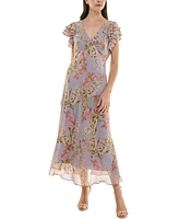 Taylor Petite Floral Print Flutter-Sleeve Midi Dress