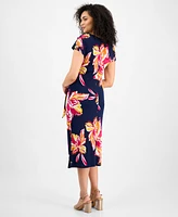 Robbie Bee Women's Floral Tie-Waist Short-Sleeve Midi Dress