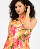 Robbie Bee Women's Floral-Chiffon Mock-Neck Trapeze Dress