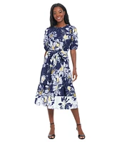 London Times Petite Printed Puff-Sleeve Midi Dress