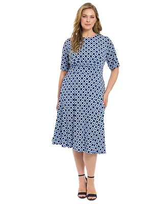 London Times Plus Printed Short-Sleeve Midi Dress