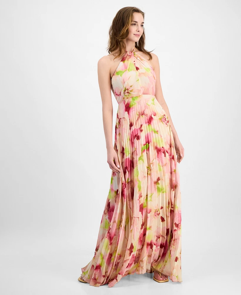 julia jordan Women's Pleated Floral Print Halter Maxi Dress