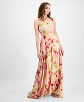 julia jordan Women's Pleated Floral Print Halter Maxi Dress