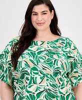 Anne Klein Plus Boat-Neck Flutter-Sleeve Printed Blouse