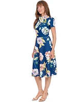 London Times Petite Printed Tie-Neck Puff-Sleeve Midi Dress