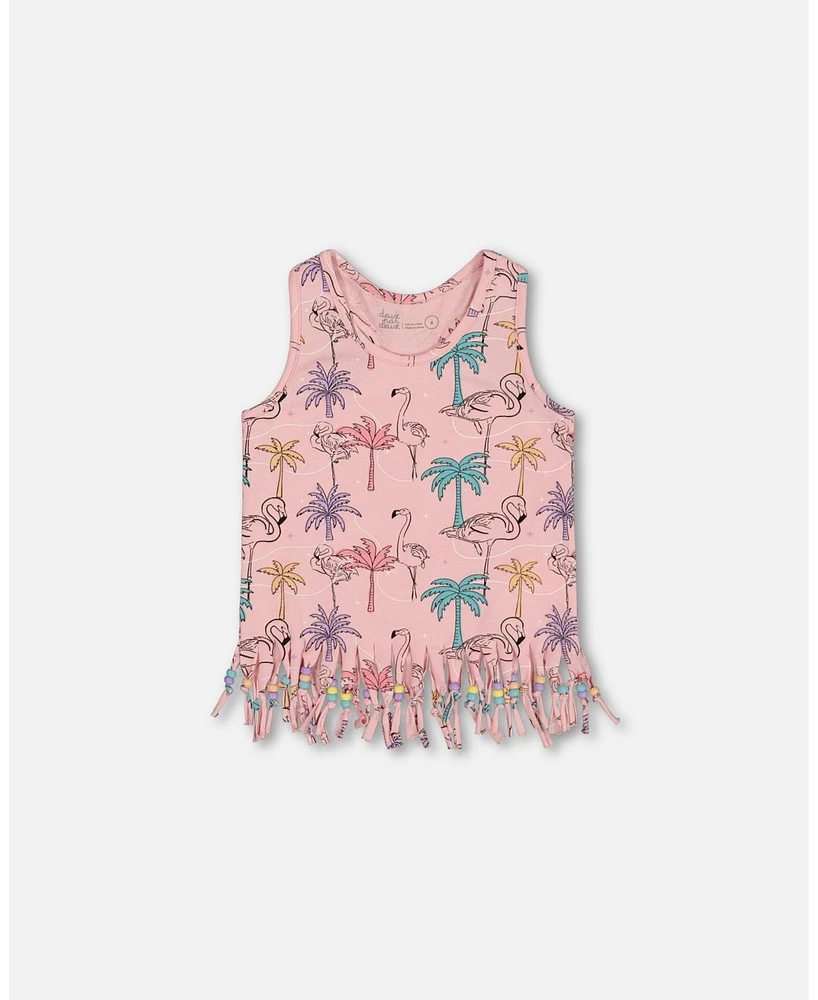 Deux par Toddler Girls Printed Cotton Tank Top With Fringe Palm Trees, Pink Flamingo, And Turquoise - Toddler|Child