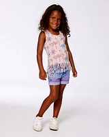 Deux par Big Girls Printed Organic Cotton Tank Top With Fringe Palm Trees, Pink Flamingo, And Turquoise