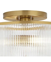 McKenzie 14" Mid Century Modern 2-Light Semi Flush-Mount Ceiling Light Fixture Kitchen Foyer Hallway Drum Round Warm Brass Finish Ribbed Glass Me