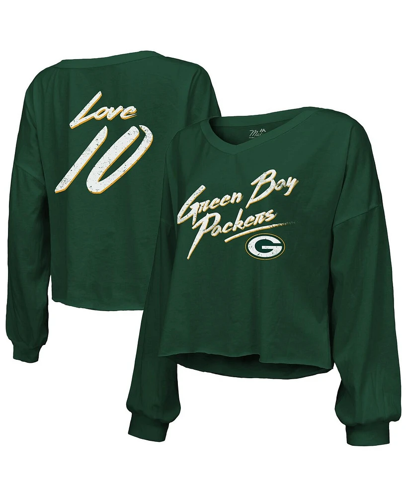 Majestic Women's Jordan Love Green Bay Packers Name Number Off-Shoulder Script Cropped Long Sleeve V-Neck T-Shirt