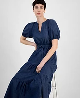 Anne Klein Women's Split-Neck Puff-Sleeve Denim Midi Dress