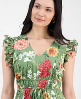 Anne Klein Women's Printed V-Neck Drawstring Maxi Dress