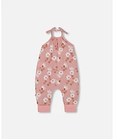 Deux par Baby Girls Printed Muslin Tie Strap Jumpsuit Pink And White Flowers