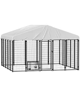PawHut Outdoor Dog Kennel with Rotating & Adjustable Bowls, 9.8' x 9.8' x 6