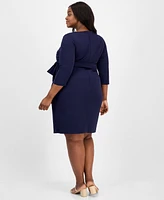 Tahari Plus Side-Tie Back-Belted 3/4-Sleeve Dress