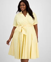 Tahari Plus Collared V-Neck Short-Sleeve Dress