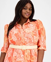 Tahari Asl Plus Printed Belted Midi Shirtdress