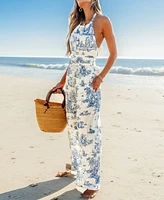 Women's Toile Print Halter Neck Straight Leg Jumpsuit