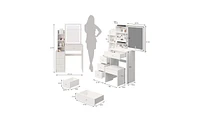 Small Size Left Bedside Cabinet Vanity Table + Cushioned Stool – Stylish and Functional Makeup Station with Led Mirror