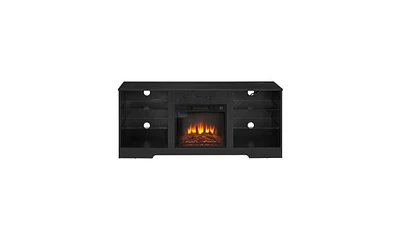 Tv Stand with Electric Fireplace and Glass Shelves for Stylish Storage Cozy Ambiance