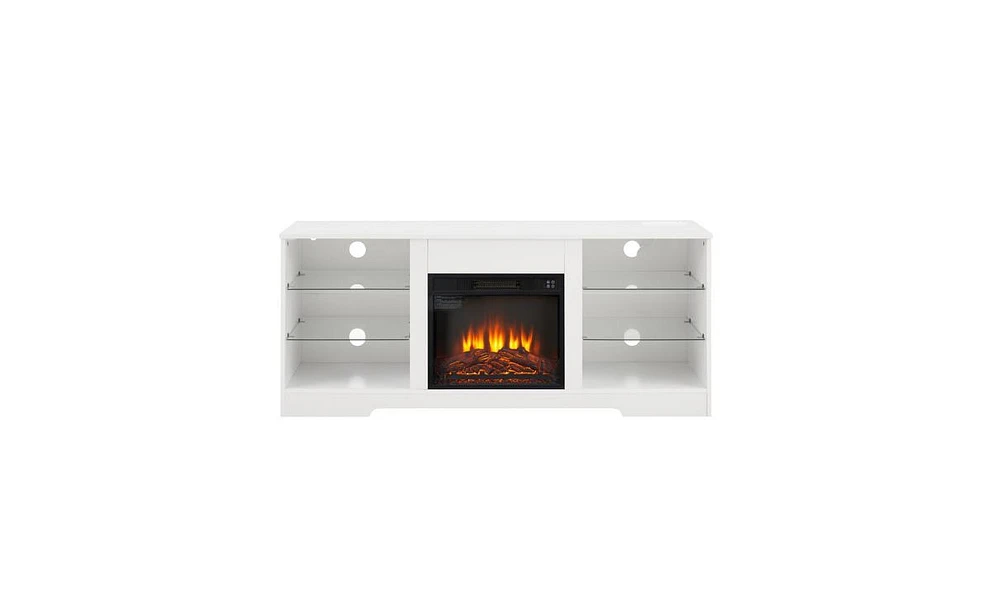 Tv Stand with Electric Fireplace and Glass Shelves for Stylish Storage and Cozy Ambiance
