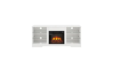 Tv Stand with Electric Fireplace and Glass Shelves for Stylish Storage and Cozy Ambiance