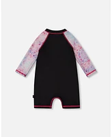 Deux par Girls Printed Long Sleeve One-Piece Rashguard Black And Multicolored Butterflies