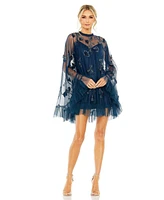 Mac Duggal Women's Embellished Long Flare Sleeve Mesh A-Line Dress