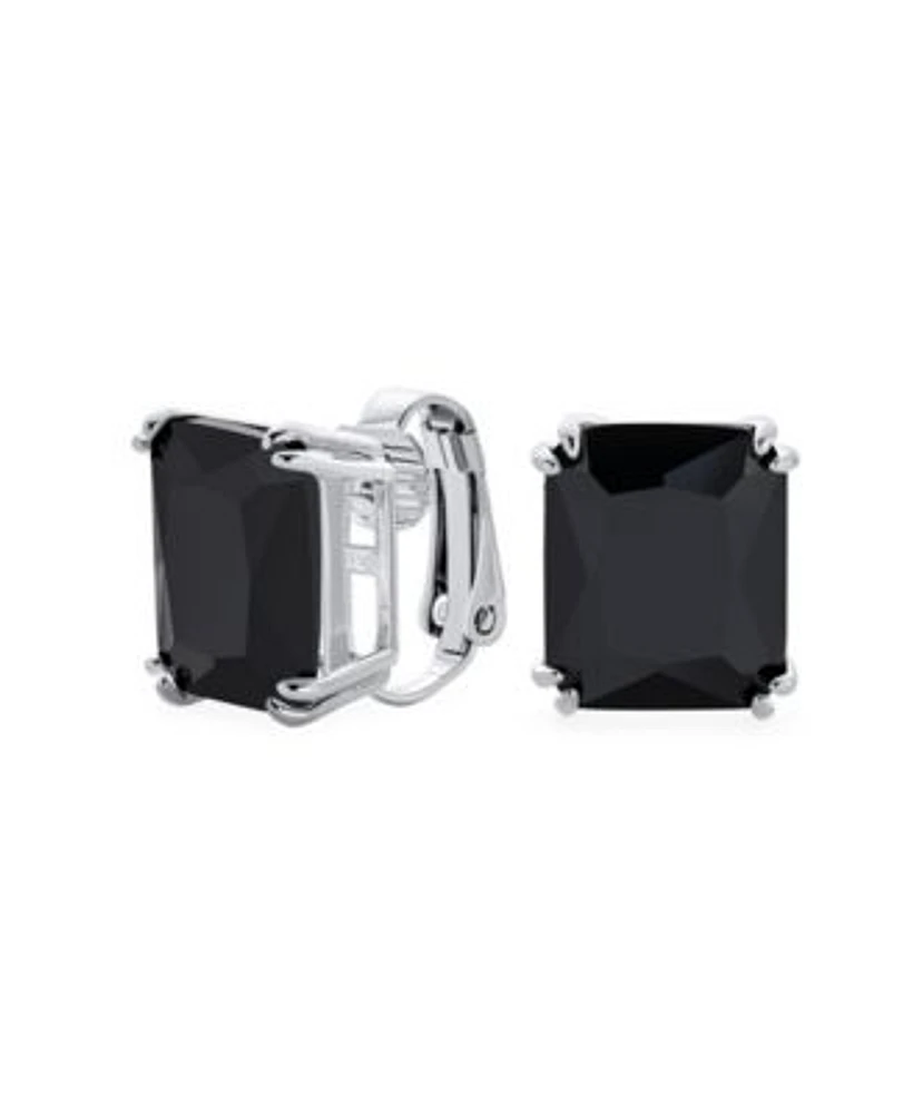 Bling Jewelry Rectangle Shape Statement 7CT Emerald Cut Cz Solitaire Clip On Stud Earrings Rhodium Plated Brass Non Pierced 14MM x 12MM