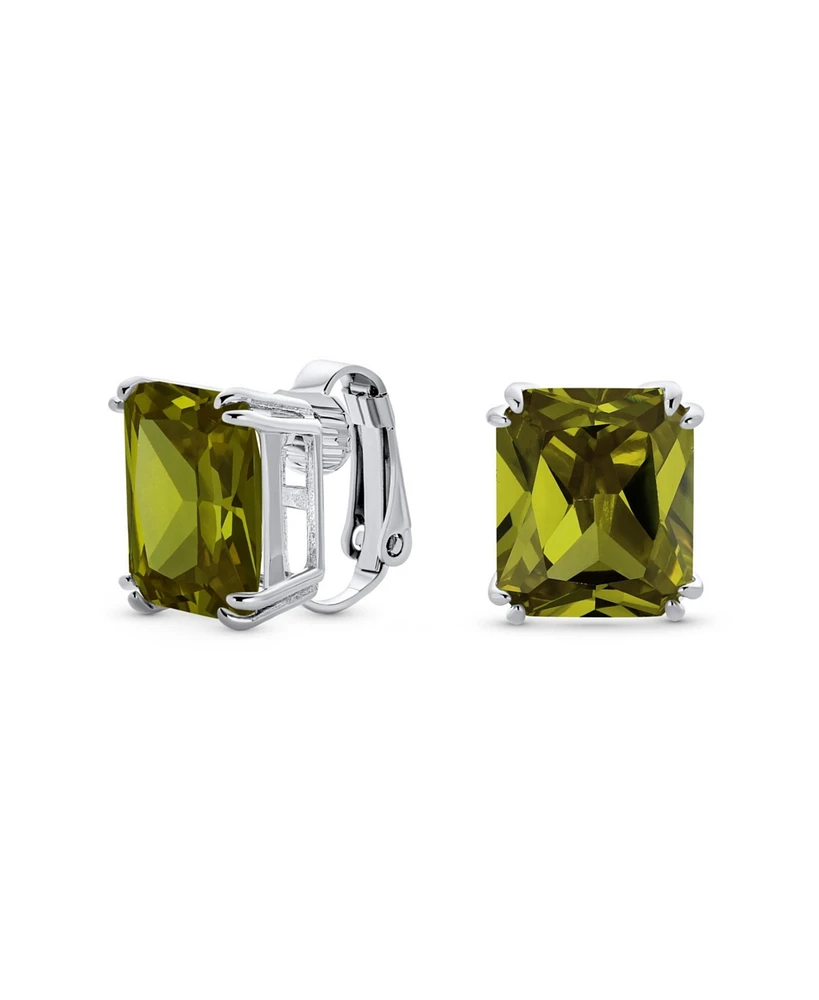 Bling Jewelry Rectangle Shape Statement 7CT Emerald Cut Cz Solitaire Clip On Stud Earrings Rhodium Plated Brass Non Pierced 14MM x 12MM