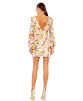 Mac Duggal Women's Sequined Floral Long Sleeve Mini Dress