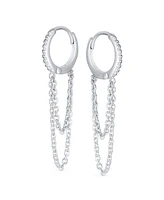 Bling Jewelry Trendy Dainty Cz Hoop Earrings with Pave Accent and Double Chain in Sterling Silver