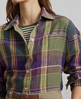 Lauren Ralph Petite 100% Linen Relaxed-Fit Plaid Shirt