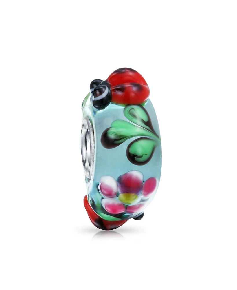 Bling Jewelry Ladybug Insect Flower Glass Charm Bead for European Bracelet Sterling Silver Core