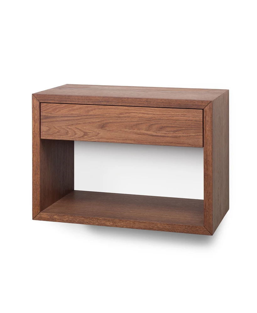 Woodek Walnut Wooden Floating Nightstand With Open Storage And Drawer - Minimalistic Bedside Table