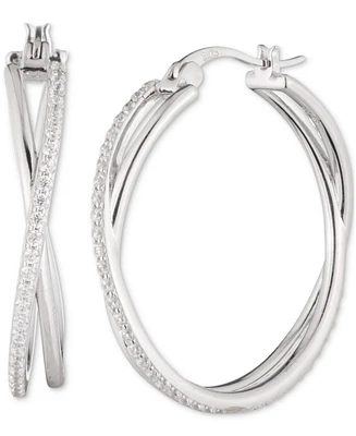 Lauren Ralph Lauren Sterling Silver Cubic Zirconia Pave Medium Hoop Earrings, 1.3"
