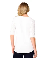 Melissa Paige Petite Yoke Wave Stitch Elbow-Sleeve Sweater