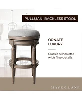 Maven Lane Pullman Backless Bar Stool in Reclaimed Oak Finish w/ Ash Grey Fabric Upholstery, Set of 4
