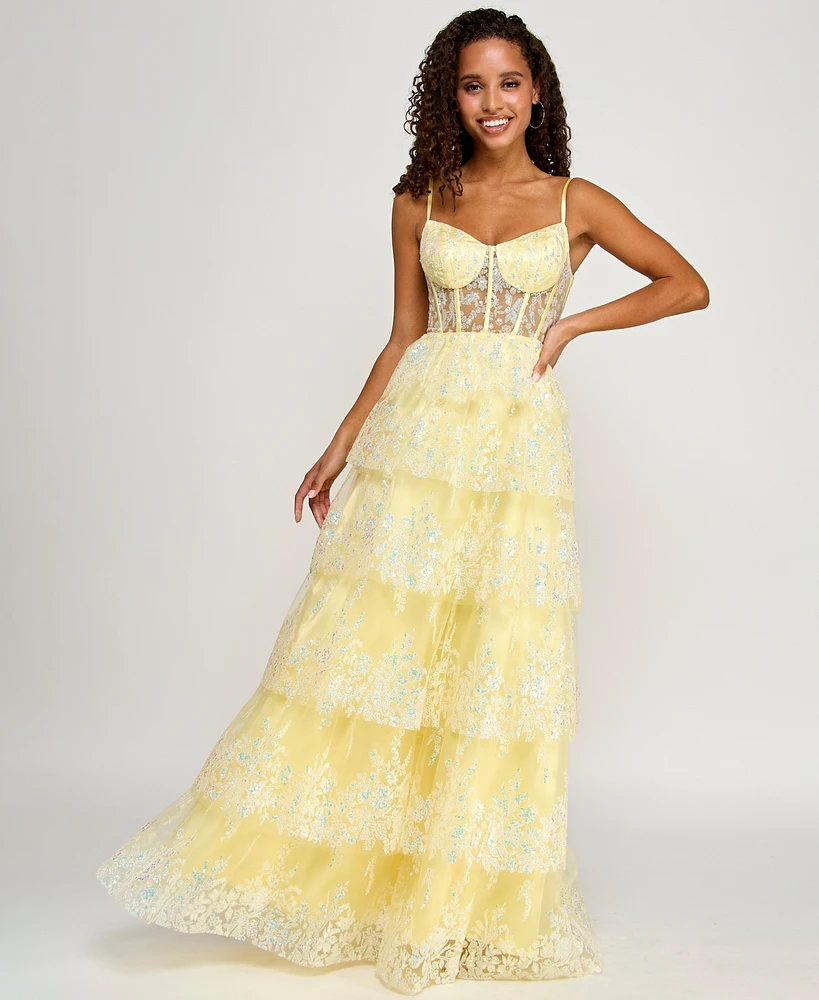 Say Yes Juniors' Embellished Ruffled Sleeveless Ball Gown, Created for Macy's