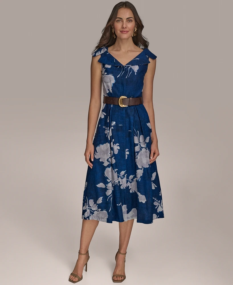 Donna Karan New York Women's Linen-Blend Floral-Print A-Line Dress