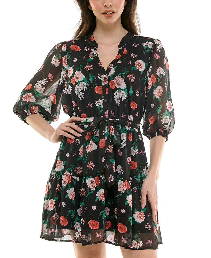 Trixxi Juniors' Floral Print Blouson-Sleeve Fit & Flare Dress