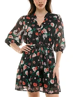 Trixxi Juniors' Floral Print Blouson-Sleeve Fit & Flare Dress