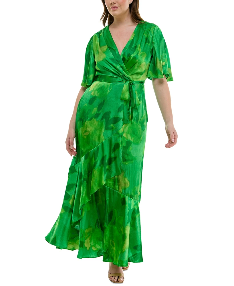 Taylor Plus Flutter-Sleeve Faux-Wrap Maxi Dress