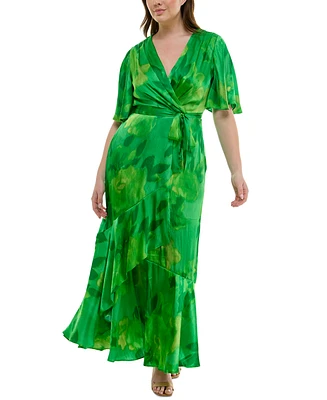 Taylor Plus Flutter-Sleeve Faux-Wrap Maxi Dress